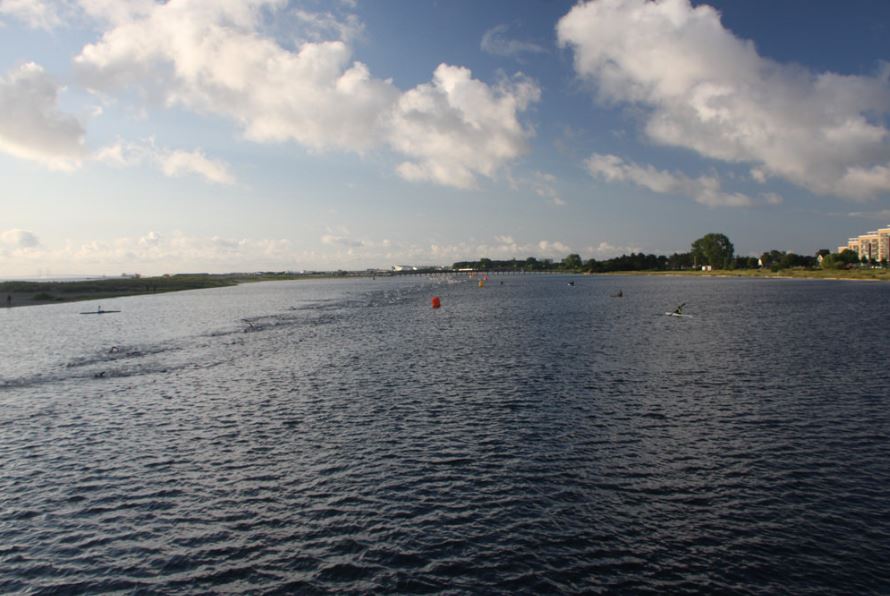 zwemmers in de vroege zon